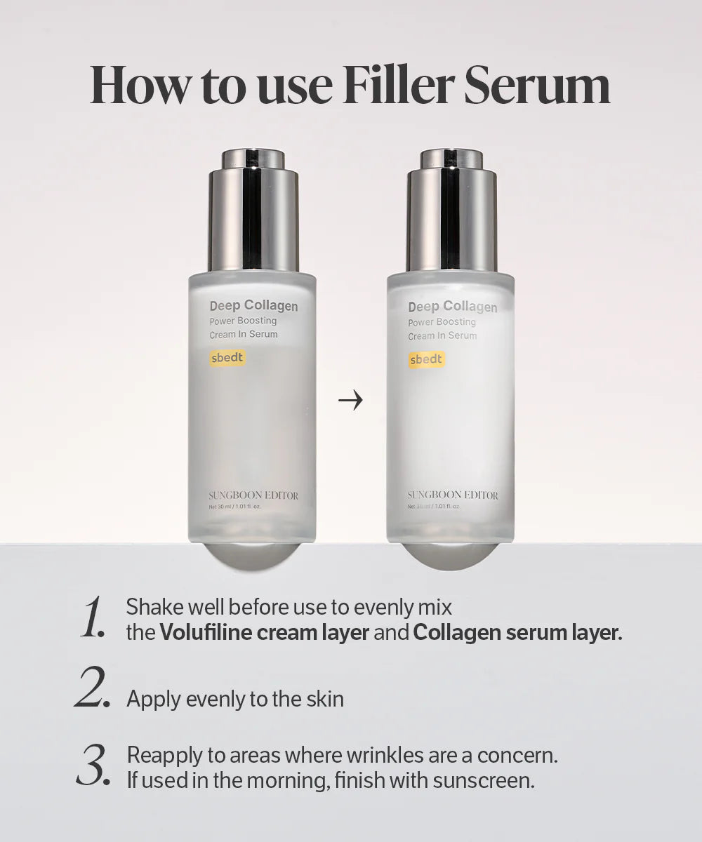Two bottles of 'Deep Collagen' serum with usage instructions on a white background