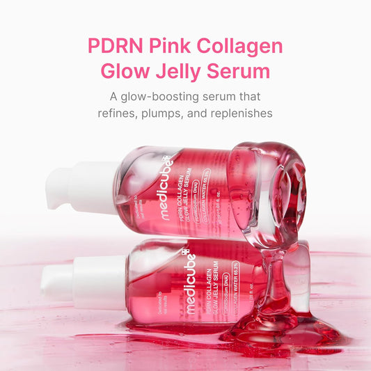 Pink collagen glow jelly serum with 'medicube' branding on a white background