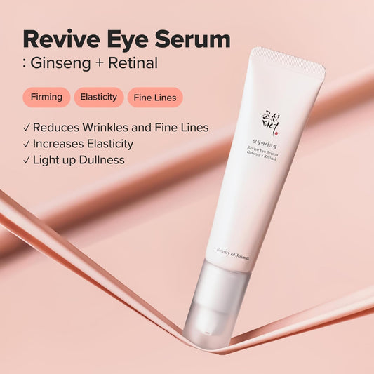 Revive Eye Serum from Beauty of Joseon with ginseng and retinal on a pink background