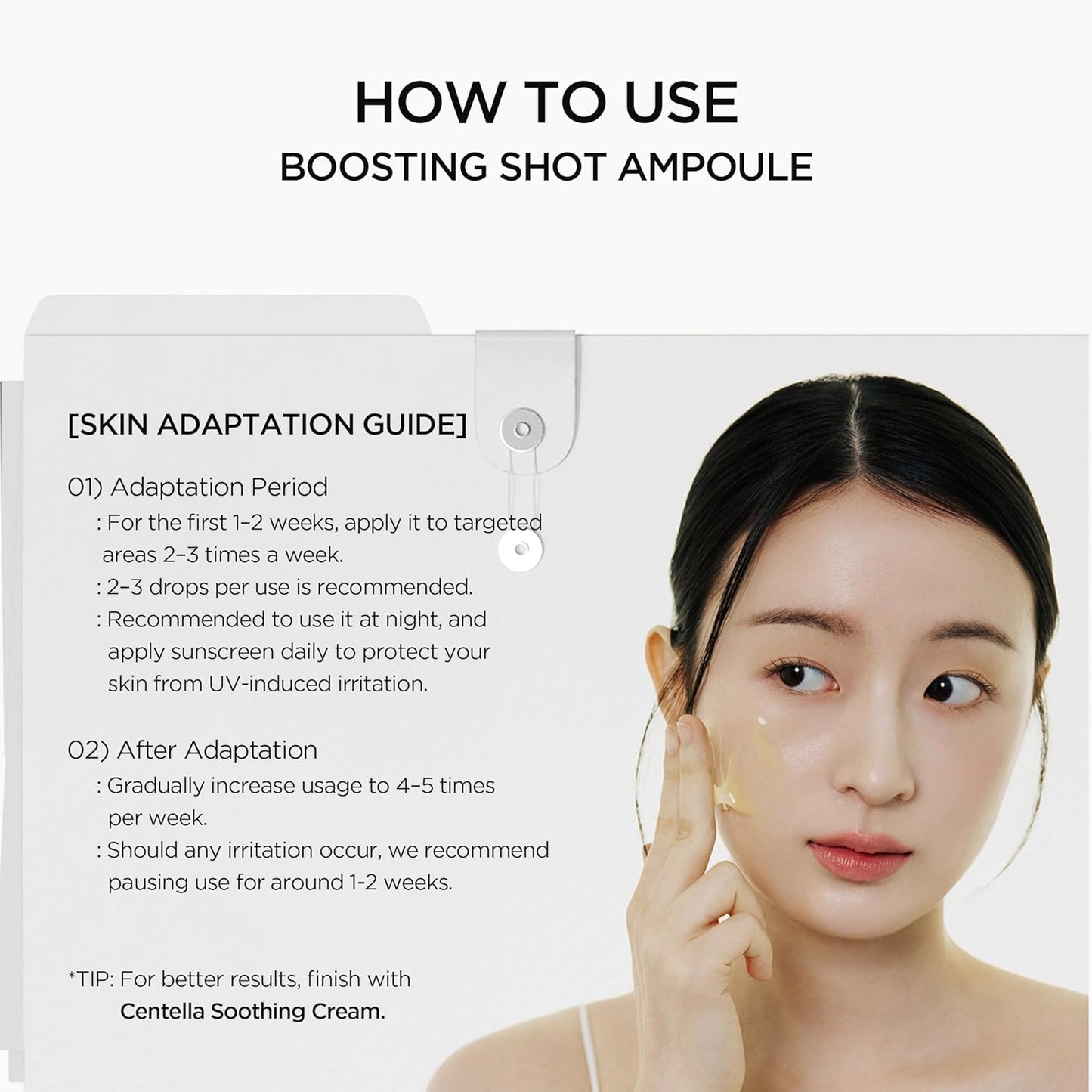 Instructions on how to use a boosting shot ampoule with a woman applying it to her face.