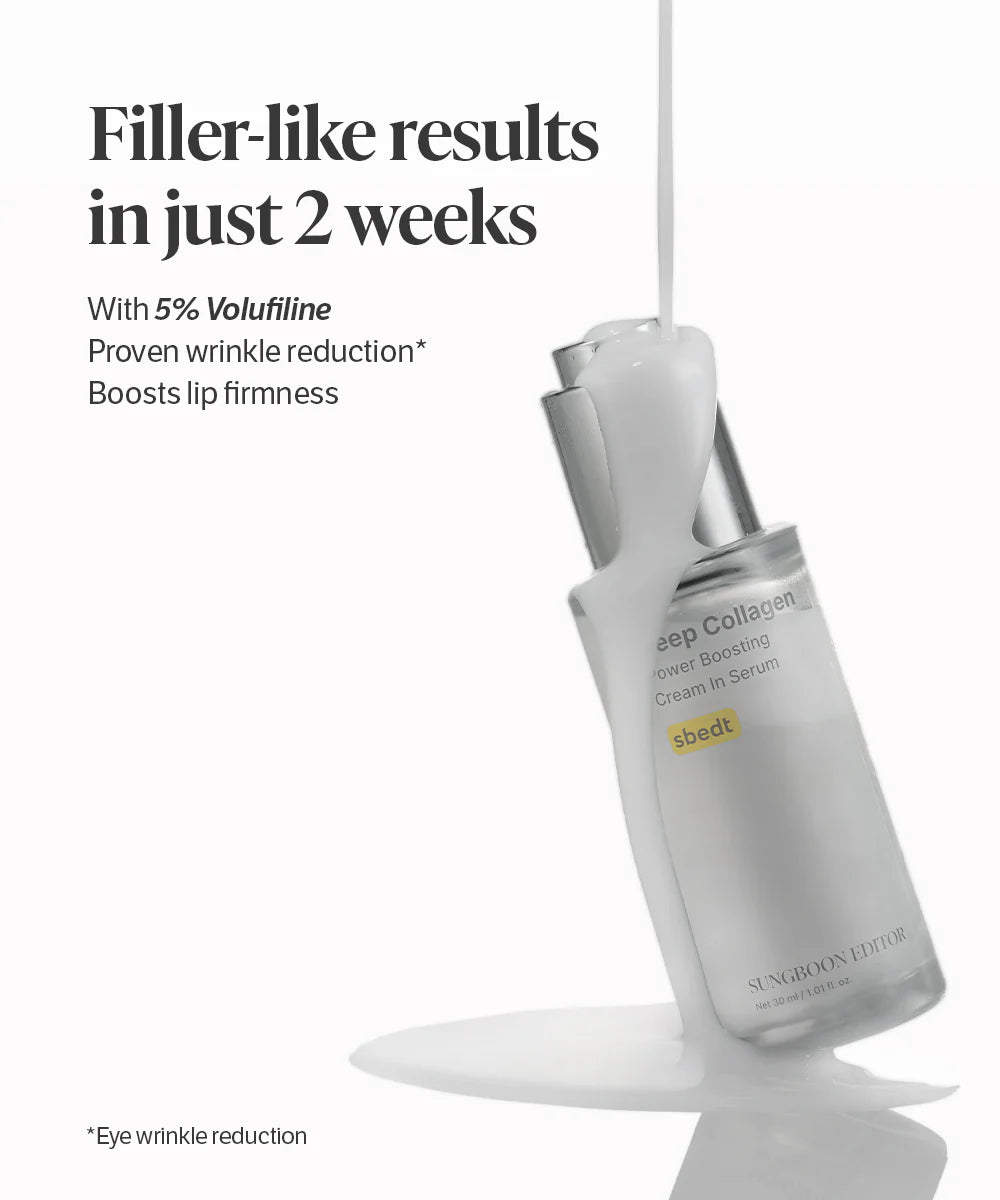 Skincare serum bottle with text about filler-like results and Voluliline on a white background
