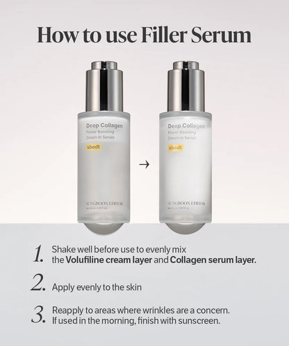 Two bottles of 'Deep Collagen' serum with usage instructions on a white background