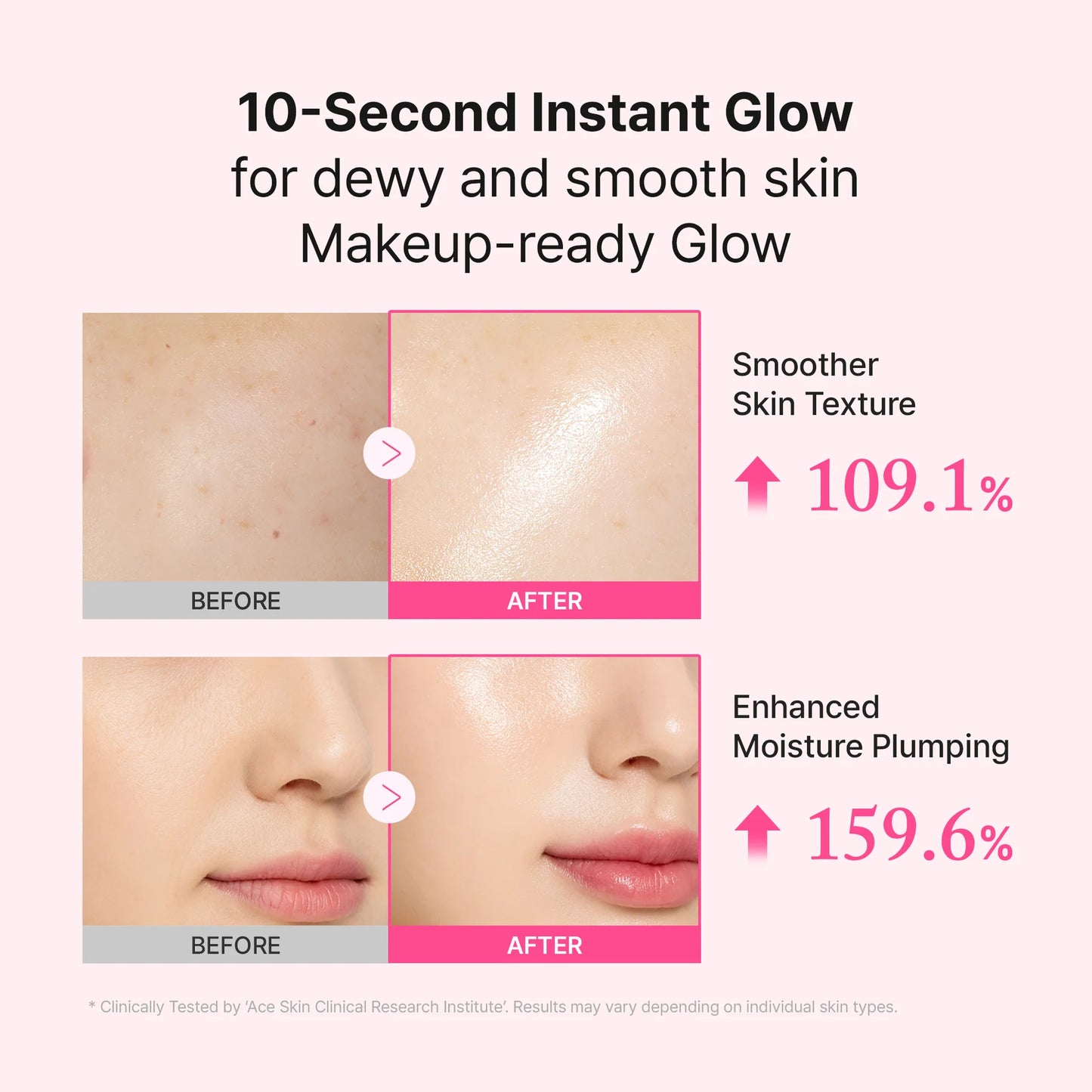 Before and after comparison of skin texture and moisture plumping with a 10-second instant glow product.