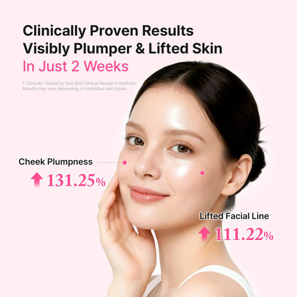 Advertisement for skincare product showing a woman's face with text about clinically proven results.