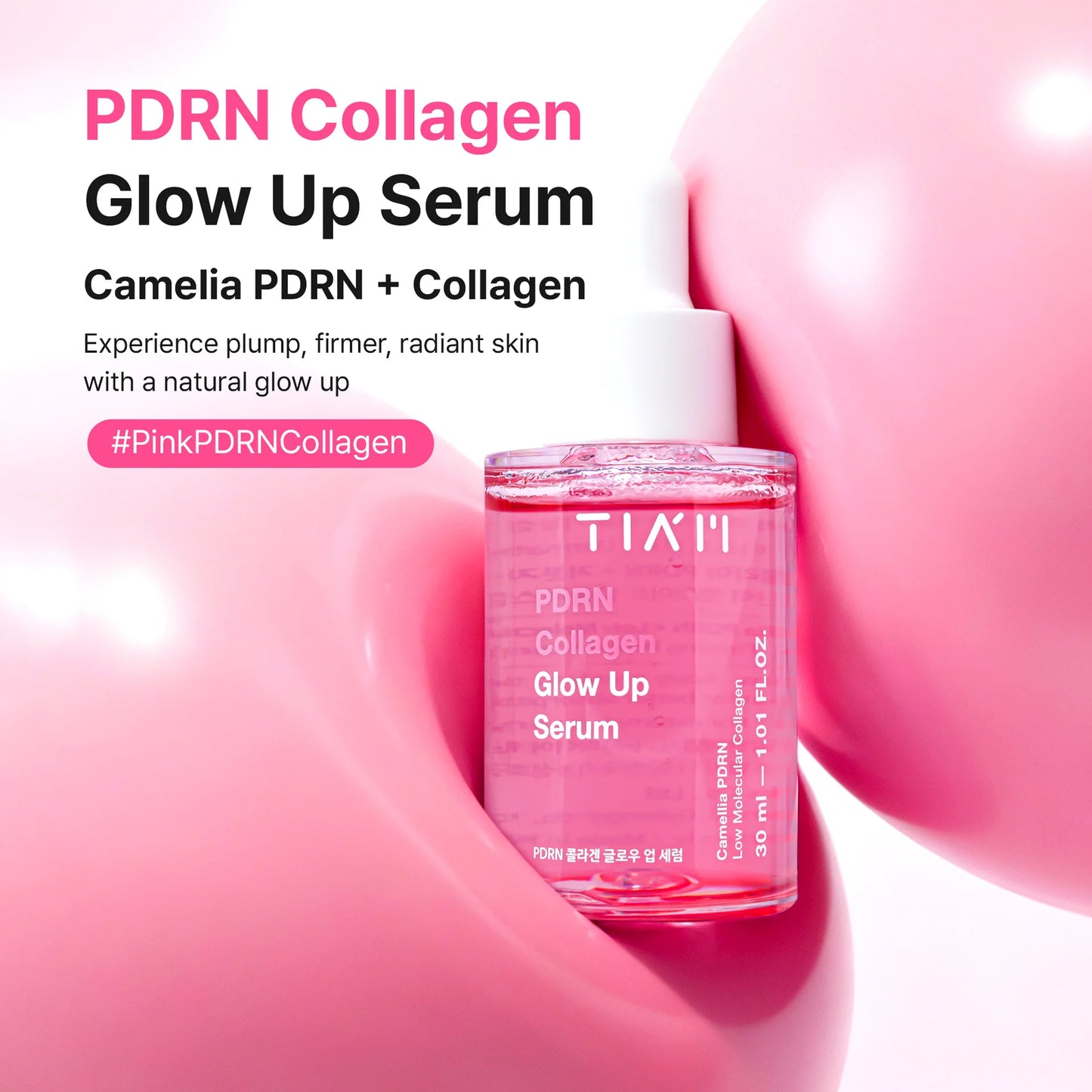 PDRN Collagen Glow Up Serum bottle with pink background