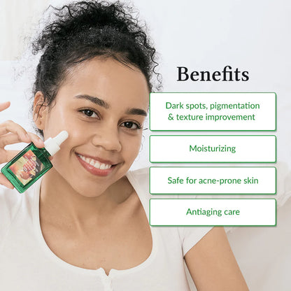 Woman applying skincare product with benefits listed on a white background