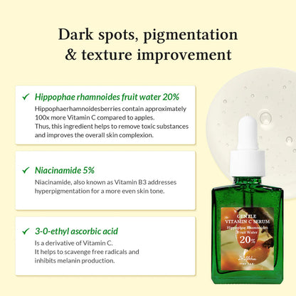 Vitamin C serum bottle with text on dark spots, pigmentation, and texture improvement on a beige background