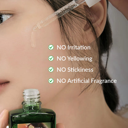 Person applying a green liquid to their face with text indicating benefits
