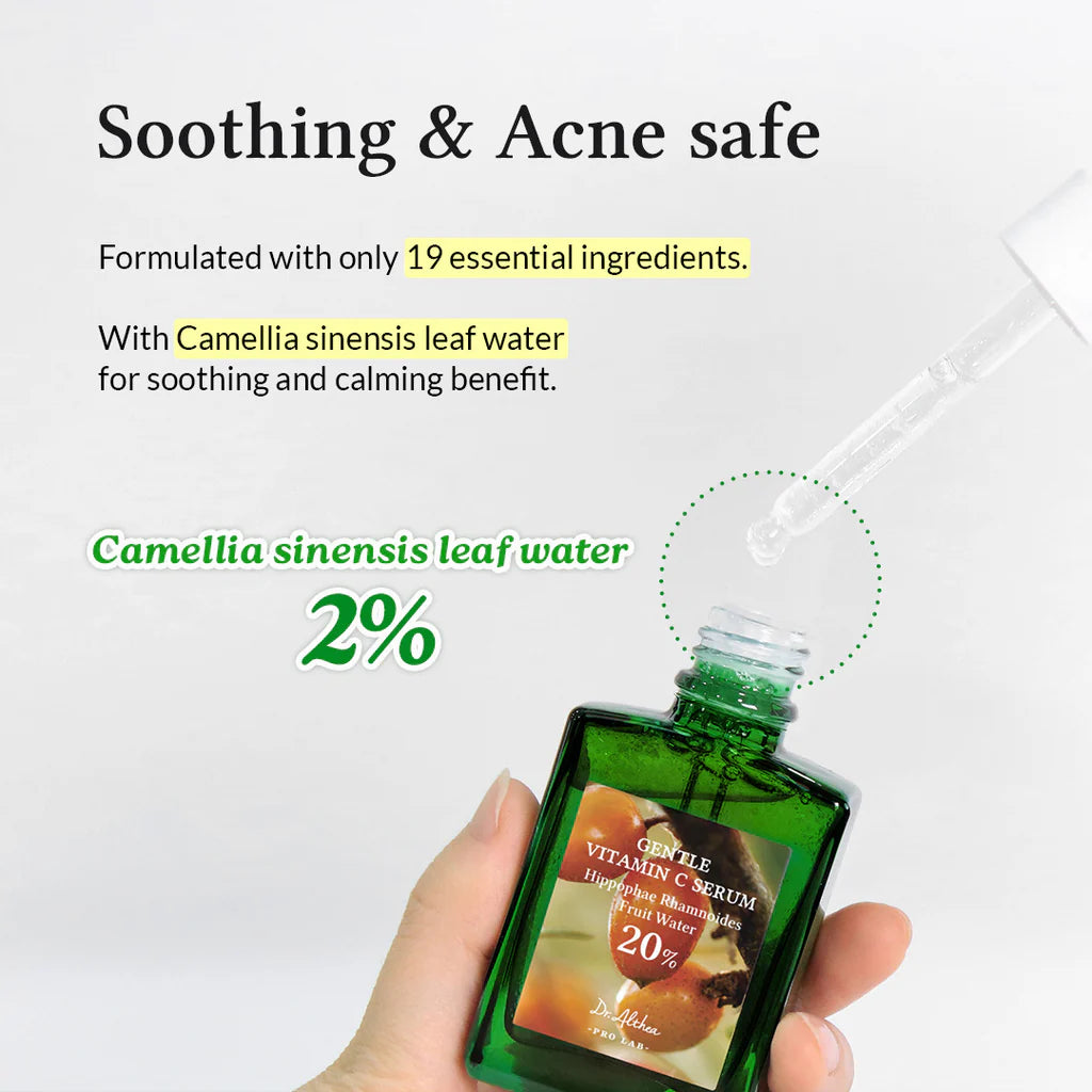 Hand holding a green bottle with Camellia sinensis leaf water, labeled as soothing and acne-safe.