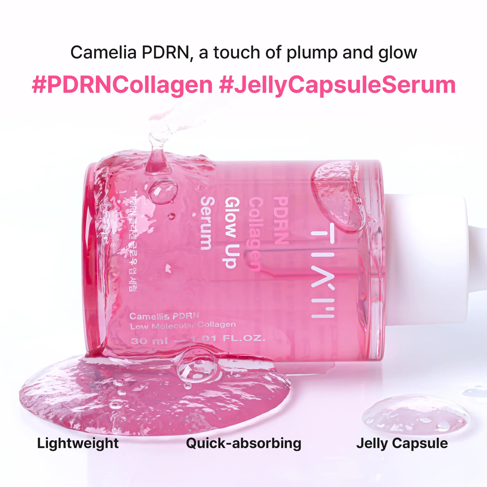 Pink jelly capsule serum with text highlighting benefits on a white background