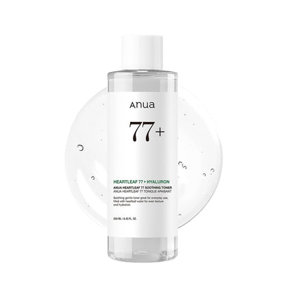 Anua 77+ skincare bottle on a white background