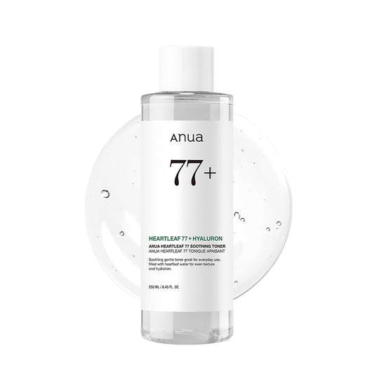 Anua 77+ skincare bottle on a white background