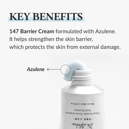 147 Barrier Cream bottle with text highlighting key benefits and azulene content.
