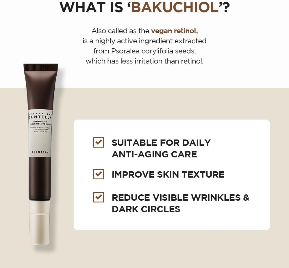 Skincare product with text about bakuchiol on a beige background