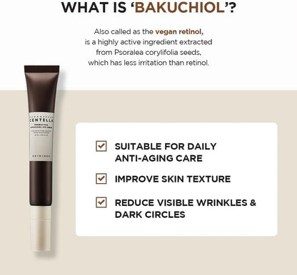 Skincare product with text about bakuchiol on a beige background