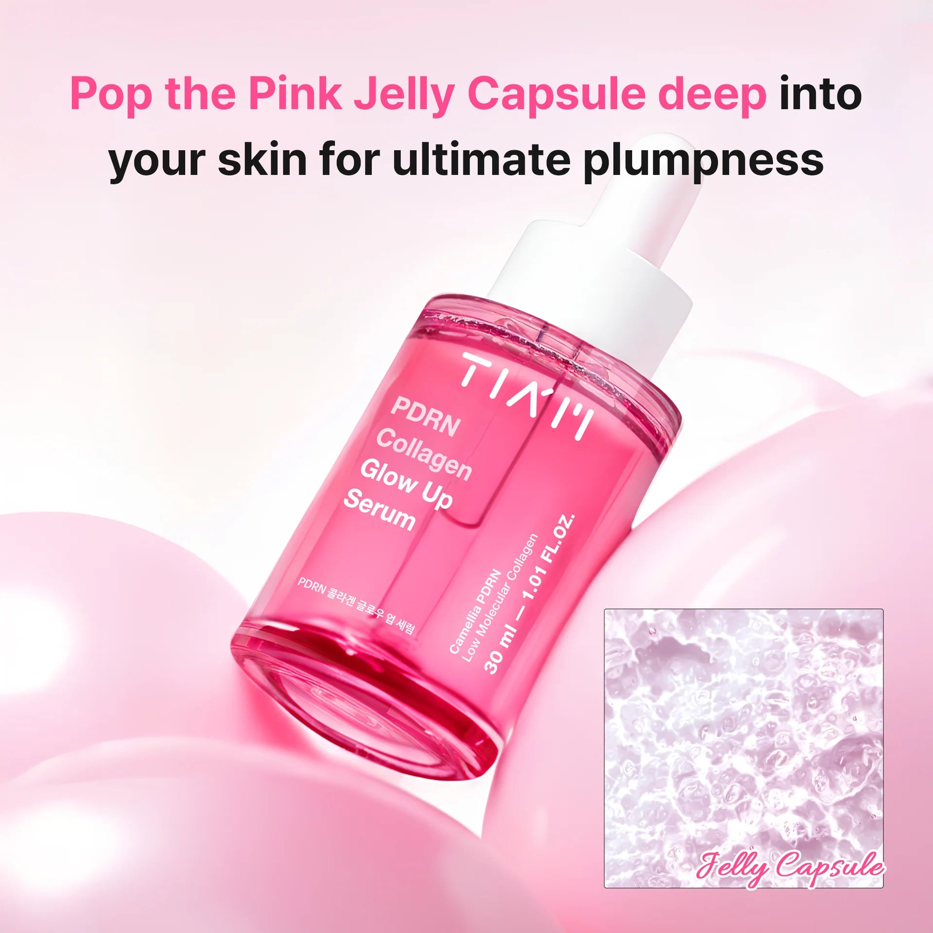 Pink serum bottle with text on a pink background