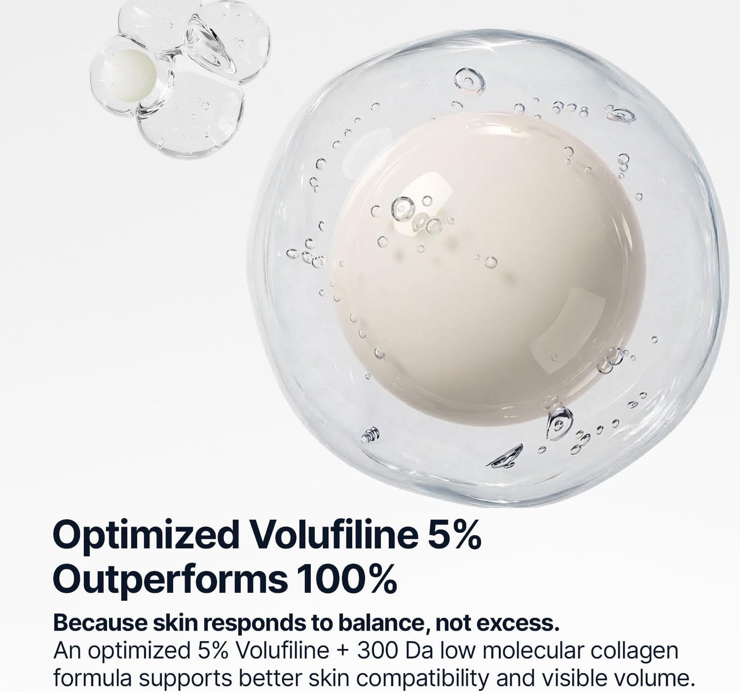 Cosmetic product with bubbles and text about Volufiline 5% formula.