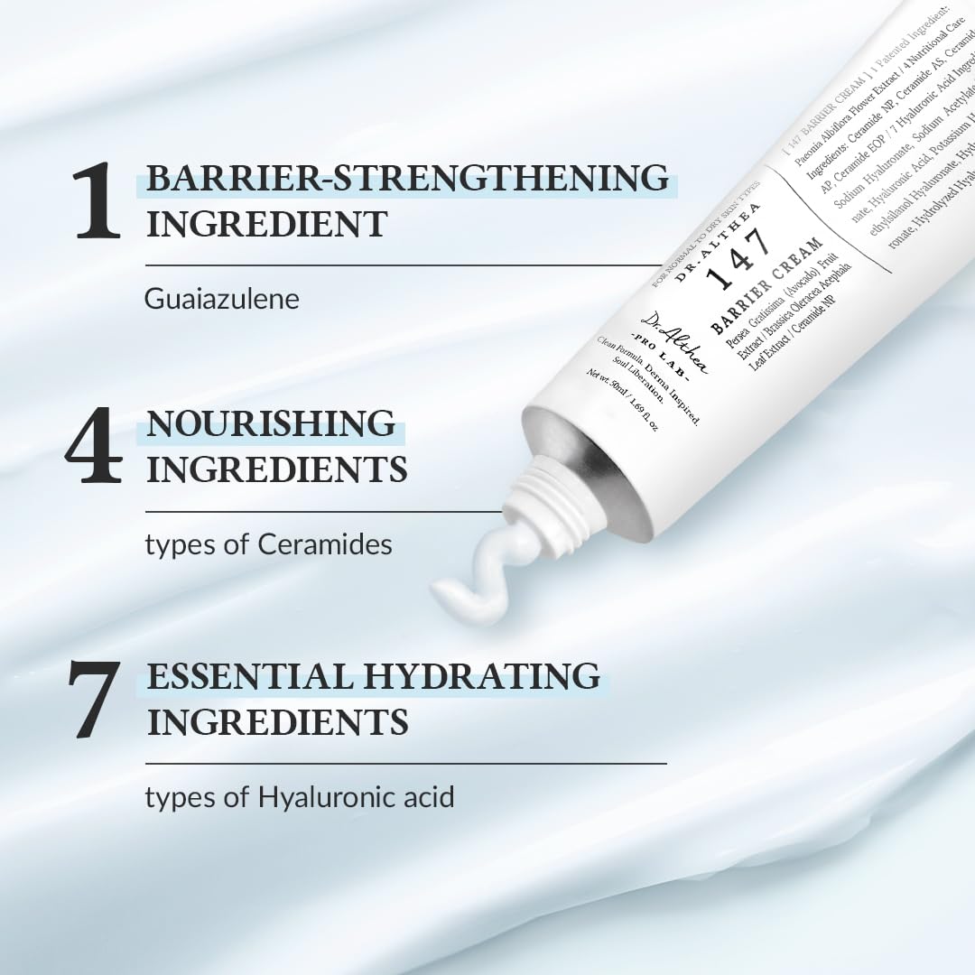 Tube of cream with text detailing ingredients on a light blue background