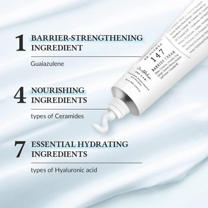 Tube of cream with text detailing ingredients on a light blue background