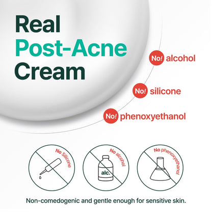 Advertisement for 'Real Post-Acne Cream' with ingredients not to be used, on a white background.