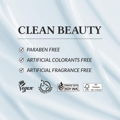 Clean beauty product label with certifications on a light blue background