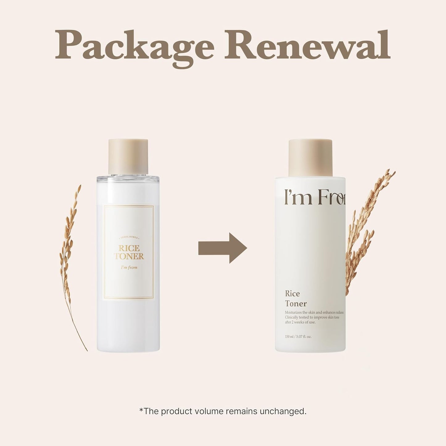 Two bottles of 'i'm From' Rice Toner with a beige background and text 'Package Renewal'.
