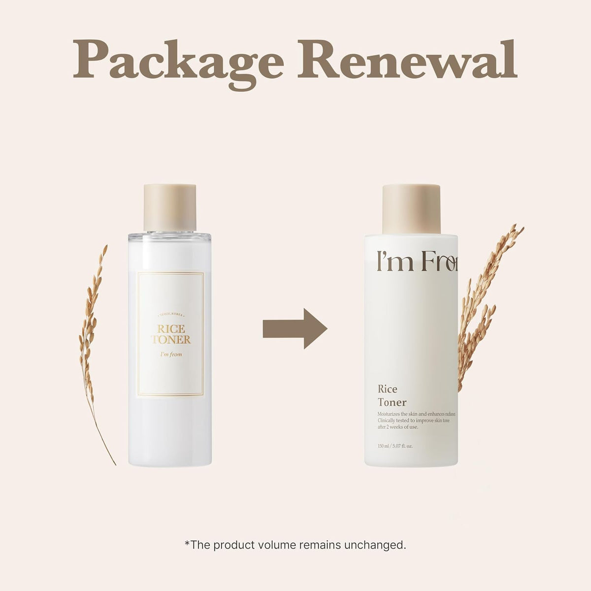 Two bottles of 'i'm From' Rice Toner with a beige background and text 'Package Renewal'.