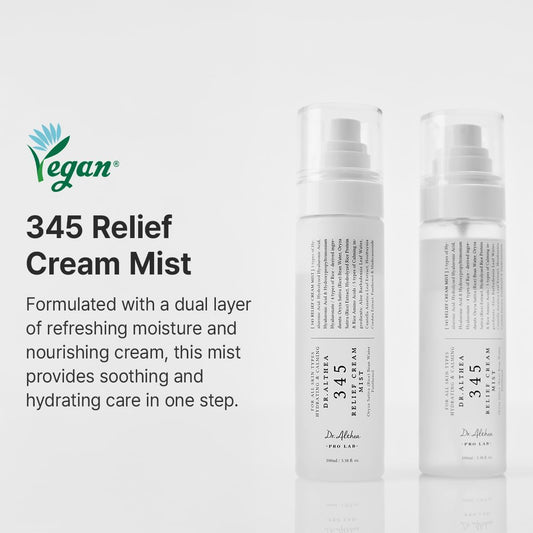 Two bottles of 345 Relief Cream Mist with text about its features on a white background.