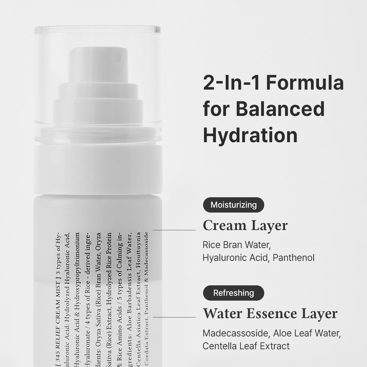 Skincare product with text detailing 2-in-1 formula for balanced hydration.