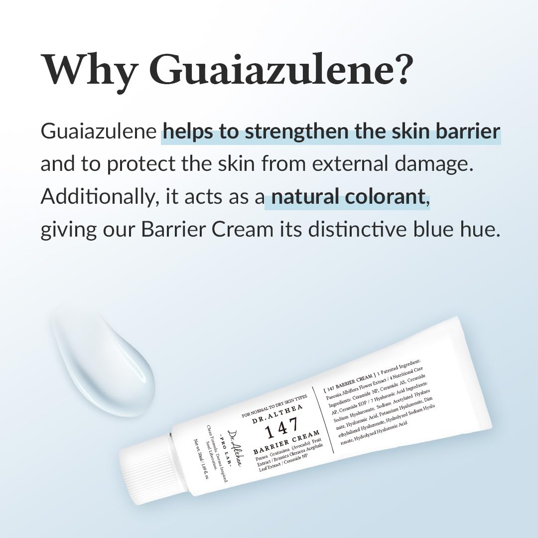 Barrier cream tube with text explaining guaiazulene's benefits on a light blue background