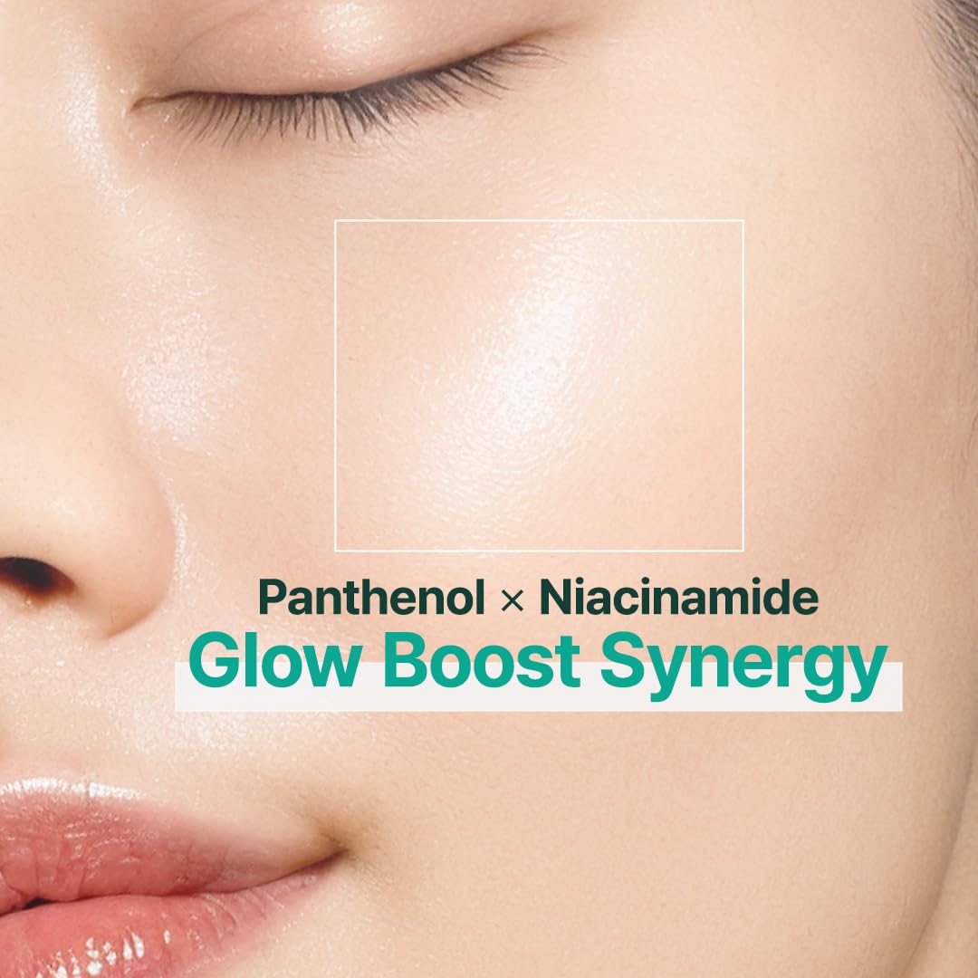 Close-up of a person's face with text 'Panthenol x Niacinamide Glow Boost Synergy' on a beige background.