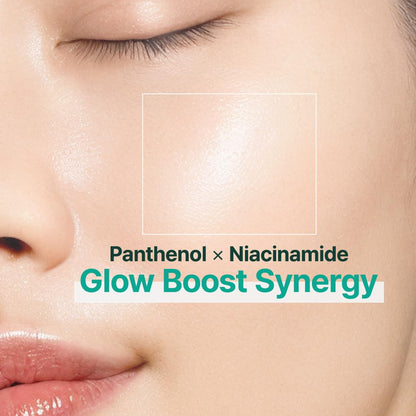 Close-up of a person's face with text 'Panthenol x Niacinamide Glow Boost Synergy' on a beige background.