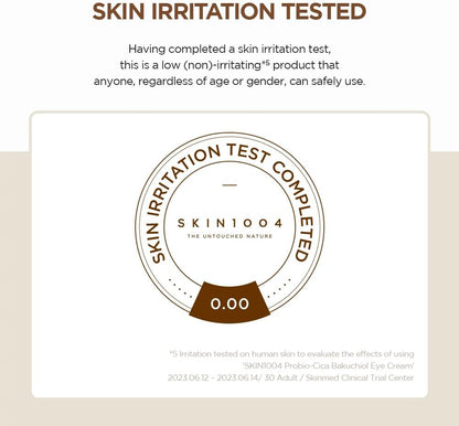 Skin irritation test completed badge for SKIN1004 product on a white background