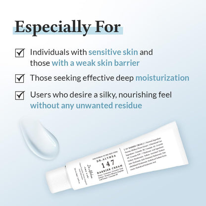 Tube of Dr. Althea Barrier Cream with text highlighting its benefits on a light blue background