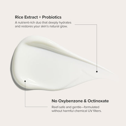 Product description with rice extract and probiotics, no oxybenzone, and octinoxate on a light background