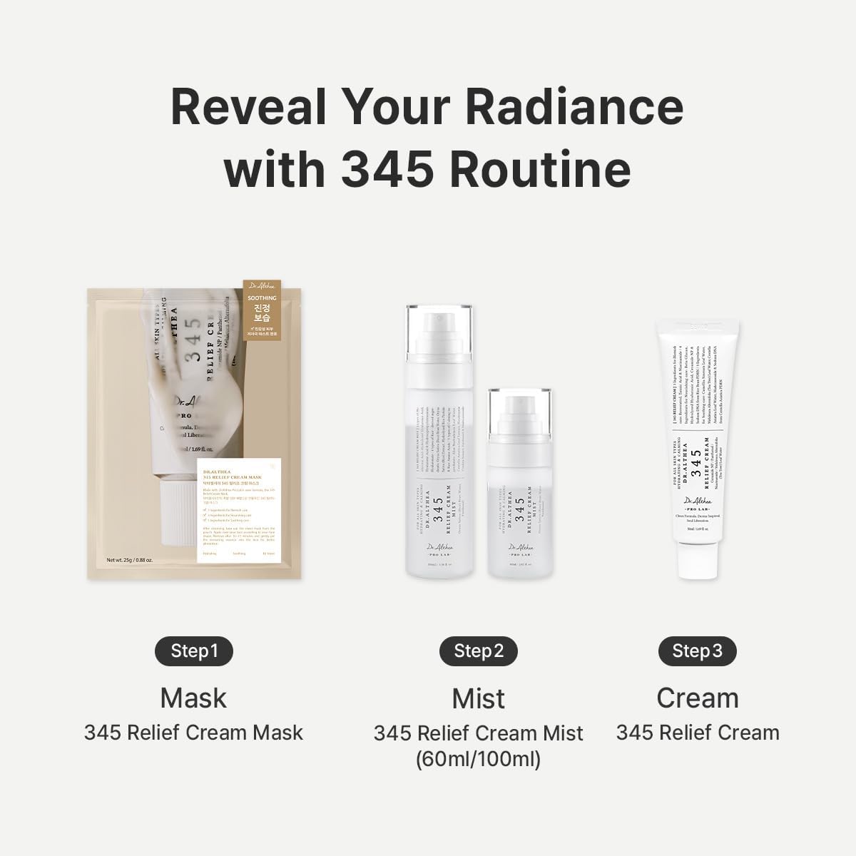 Skincare products with step-by-step instructions on a white background