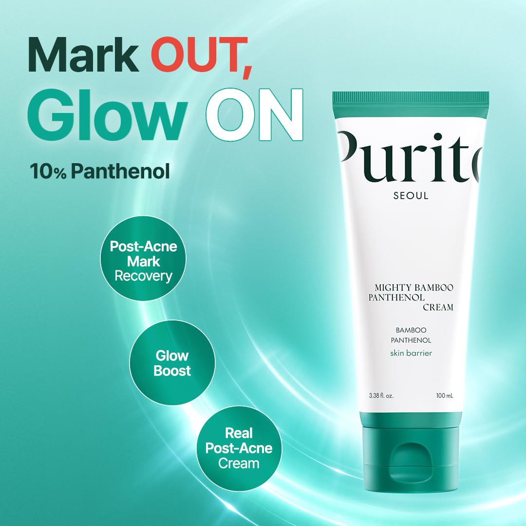 Purito Mighty Bamboo Panthenol Cream tube with promotional text on a light blue background