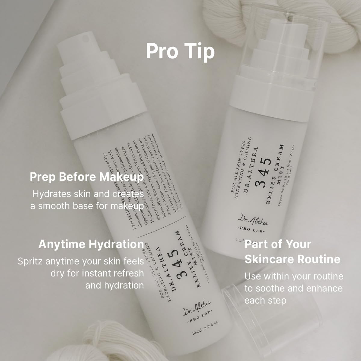 Two skincare bottles with text on a light background