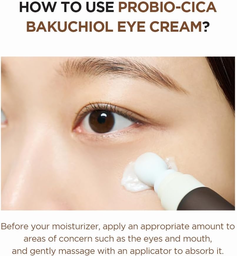 Person applying eye cream to their eye with text on how to use Probio-Cica Bakuchiol eye cream.