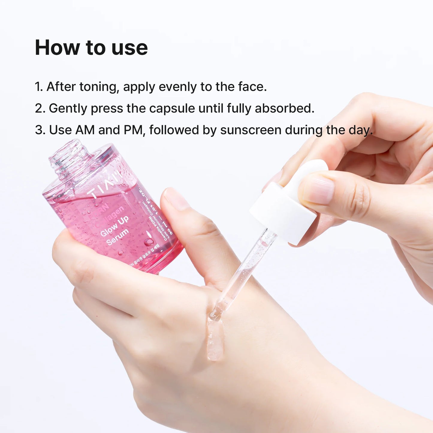 Glow Up Serum bottle with pink liquid being applied to skin, with text on how to use.