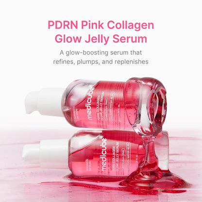 Pink collagen glow jelly serum with 'medicube' branding on a white background