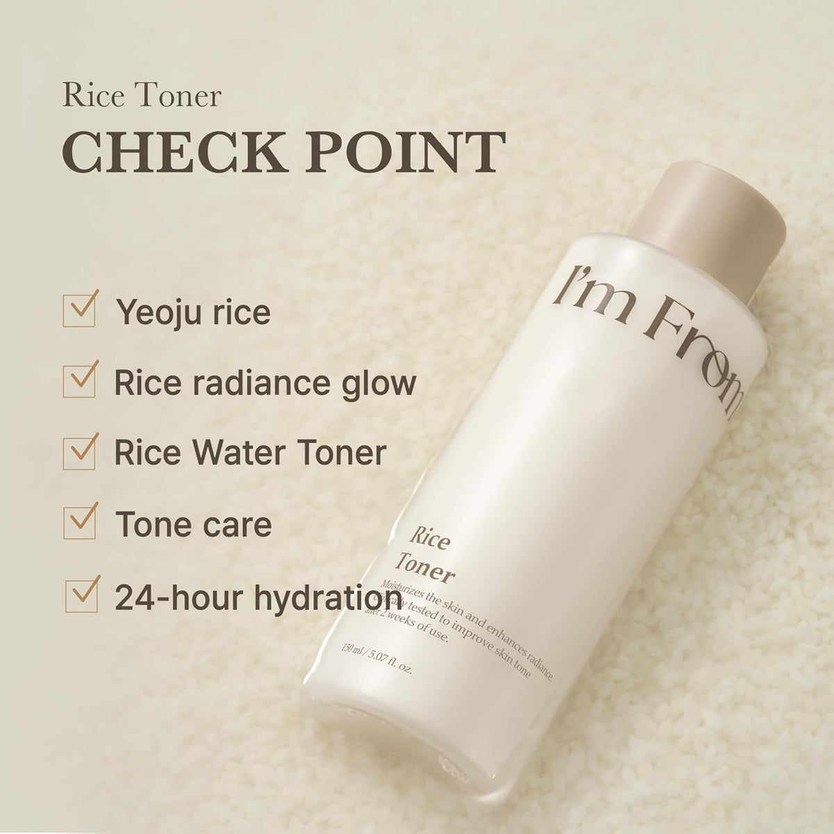 I'm From Rice Toner bottle with features listed on a beige background