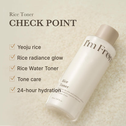 I'm From Rice Toner bottle with features listed on a beige background