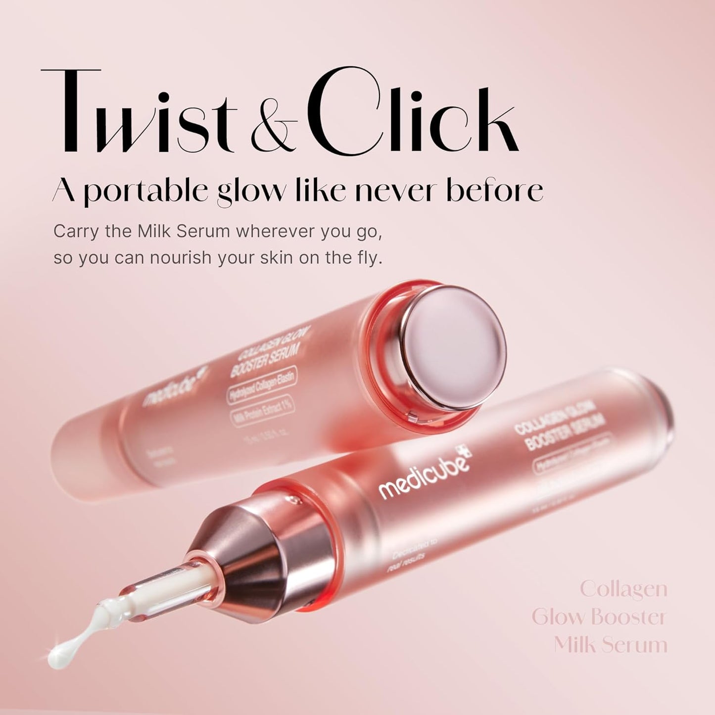 Medcube Collagen Glow Booster Milk Serum with text on a pink background