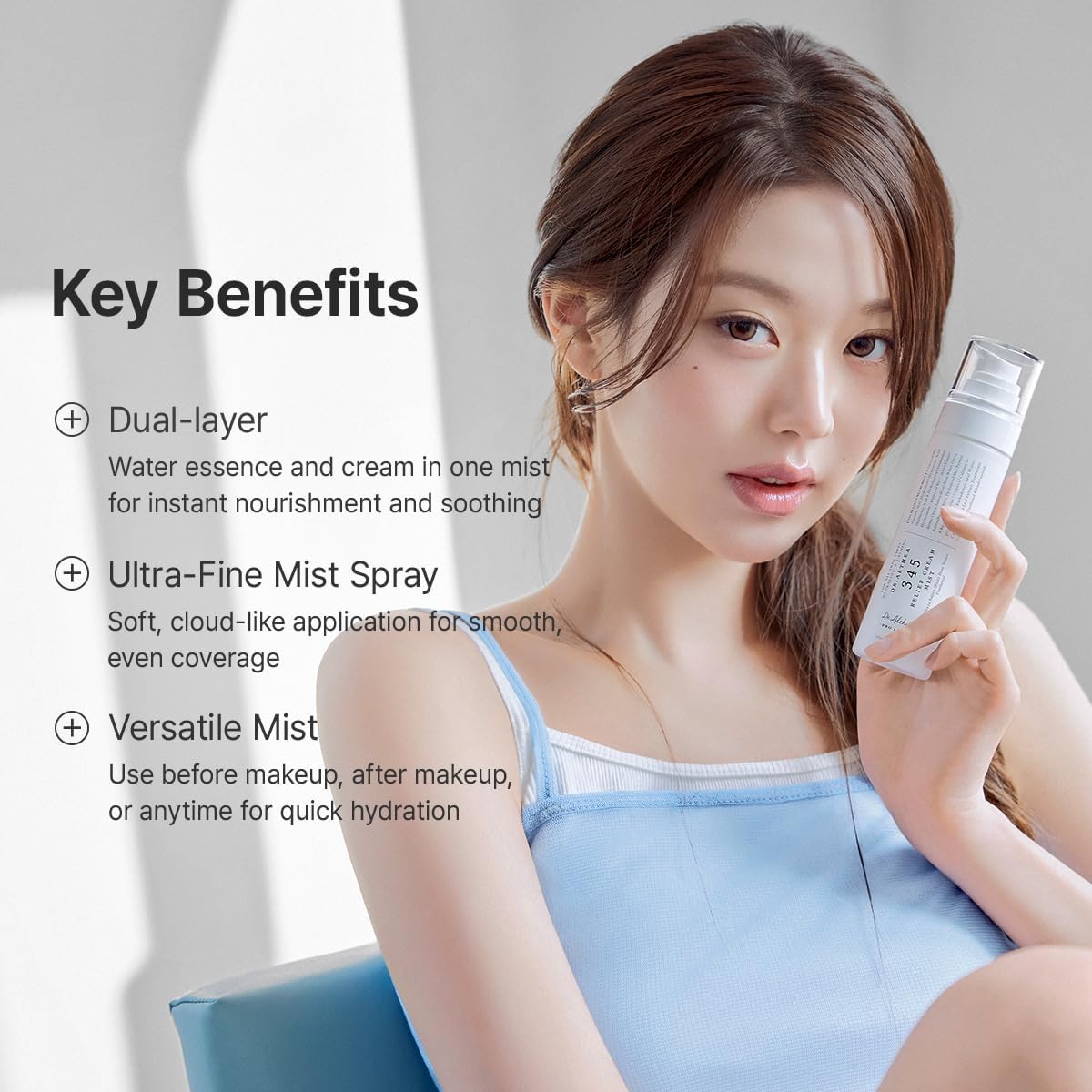 Woman holding a skincare product with key benefits listed on a light gray background