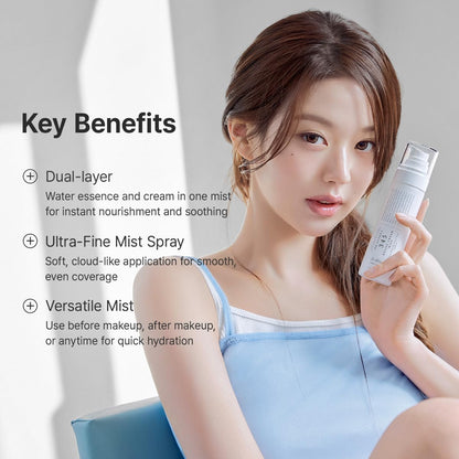 Woman holding a skincare product with key benefits listed on a light gray background