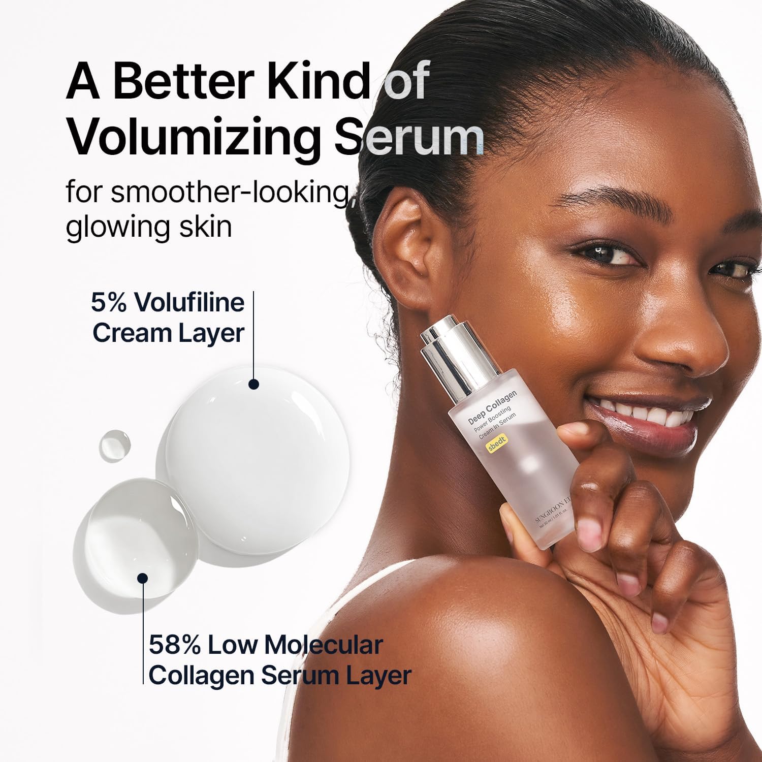 Woman holding a skincare serum bottle with product details on a white background
