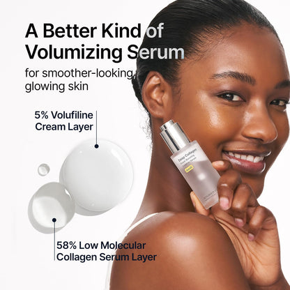 Woman holding a skincare serum bottle with product details on a white background