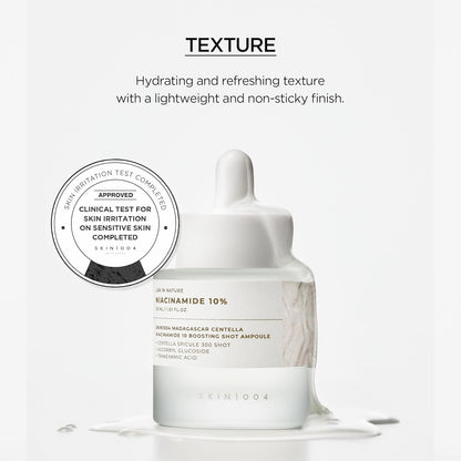 Skincare ampoule with clinical test approval badge on a white background
