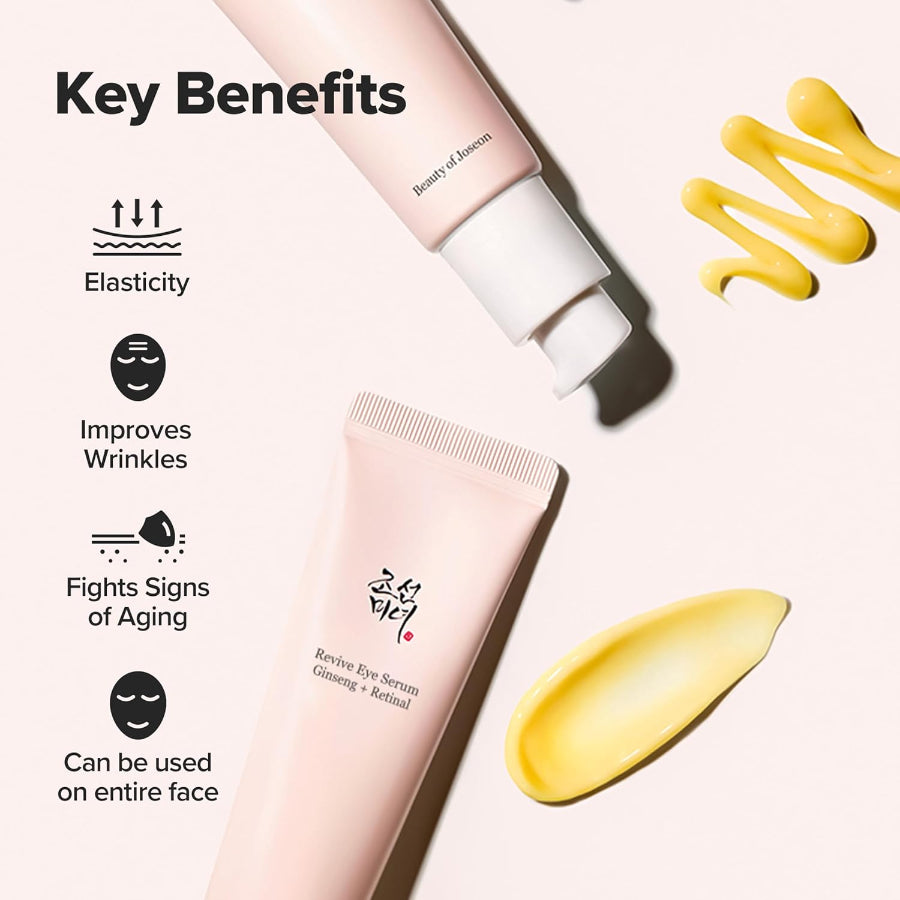 Pink eye serum tube from Beauty of Joseon with key benefits listed on a light background
